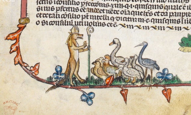 Bishop fox preaches the prosperity gospel to his flock of geese. From Decretals of Gregory IX with gloss of Bernard of Parma (the 'Smithfield Decretals') (c1300-1340), British Library Royal MS 10 E IV, f. 3v.