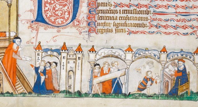 Image from the index of the volume showing a representative of Pope Gregory IX handing canon law to the judges or doctors of the law. On the far right a layman is pleading his suit before a judge of a canon law-court. From Decretals of Gregory IX with gloss of Bernard of Parma (the 'Smithfield Decretals') (c1300-1340), British Library Royal MS 10 E IV, f. 3v.