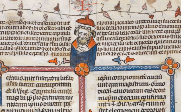 One of the less demonic academics inhabiting the pages of the Decretals of Gregory IX with gloss of Bernard of Parma (the 'Smithfield Decretals') (c1300-1340), British Library Royal MS 10 E IV, f. 26v. This one is wearing the academic's 